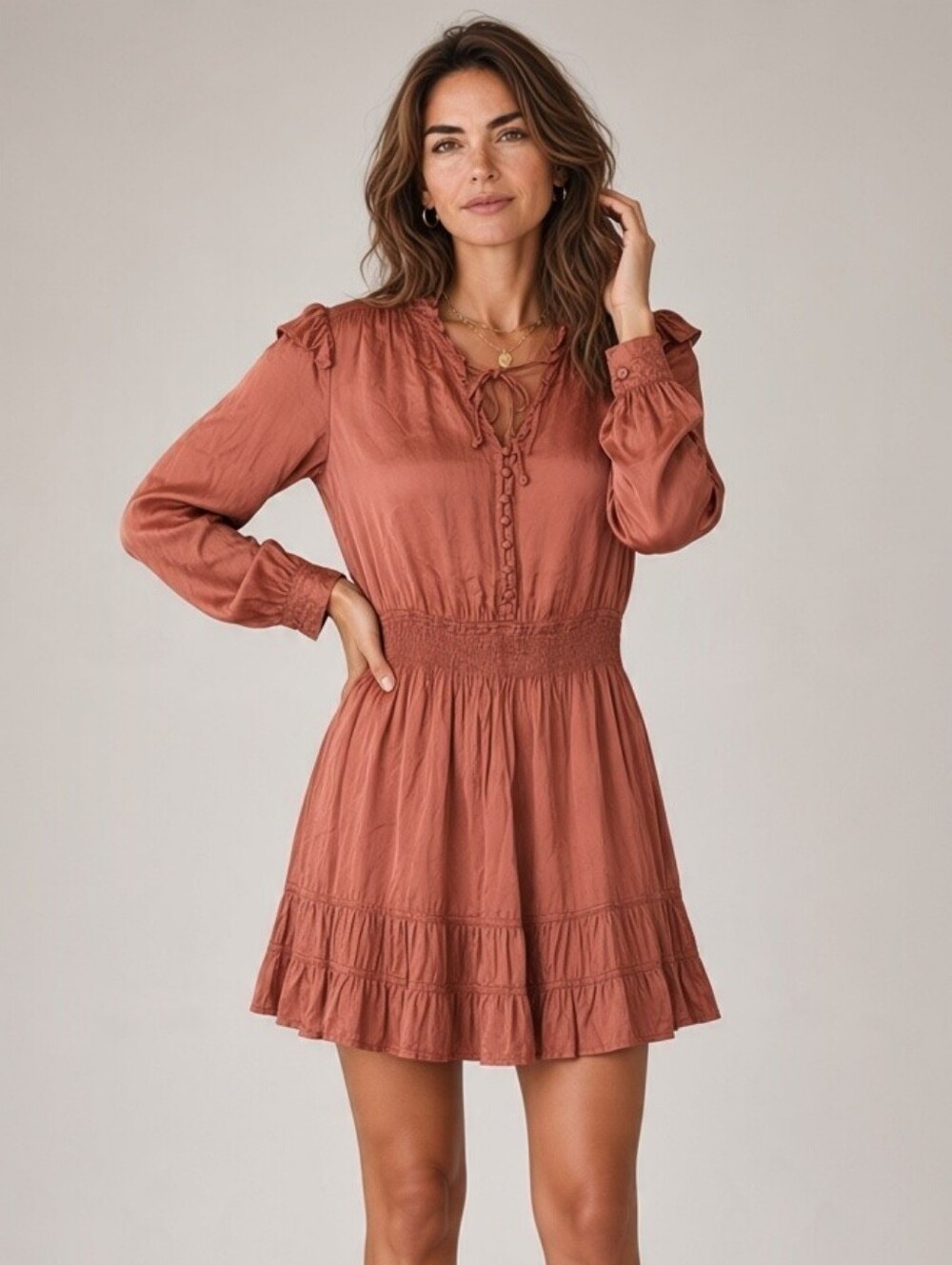 Dear John Rust Ruffled Button-Front Long Sleeve Dress - Picture 1 of 7